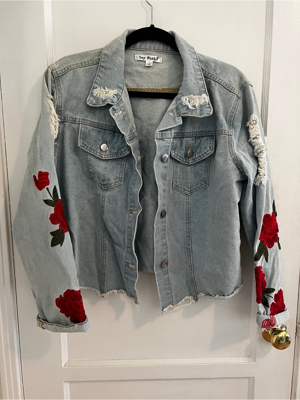 Beautiful Light Wash Denim Jacket with Red Rose Embroidery